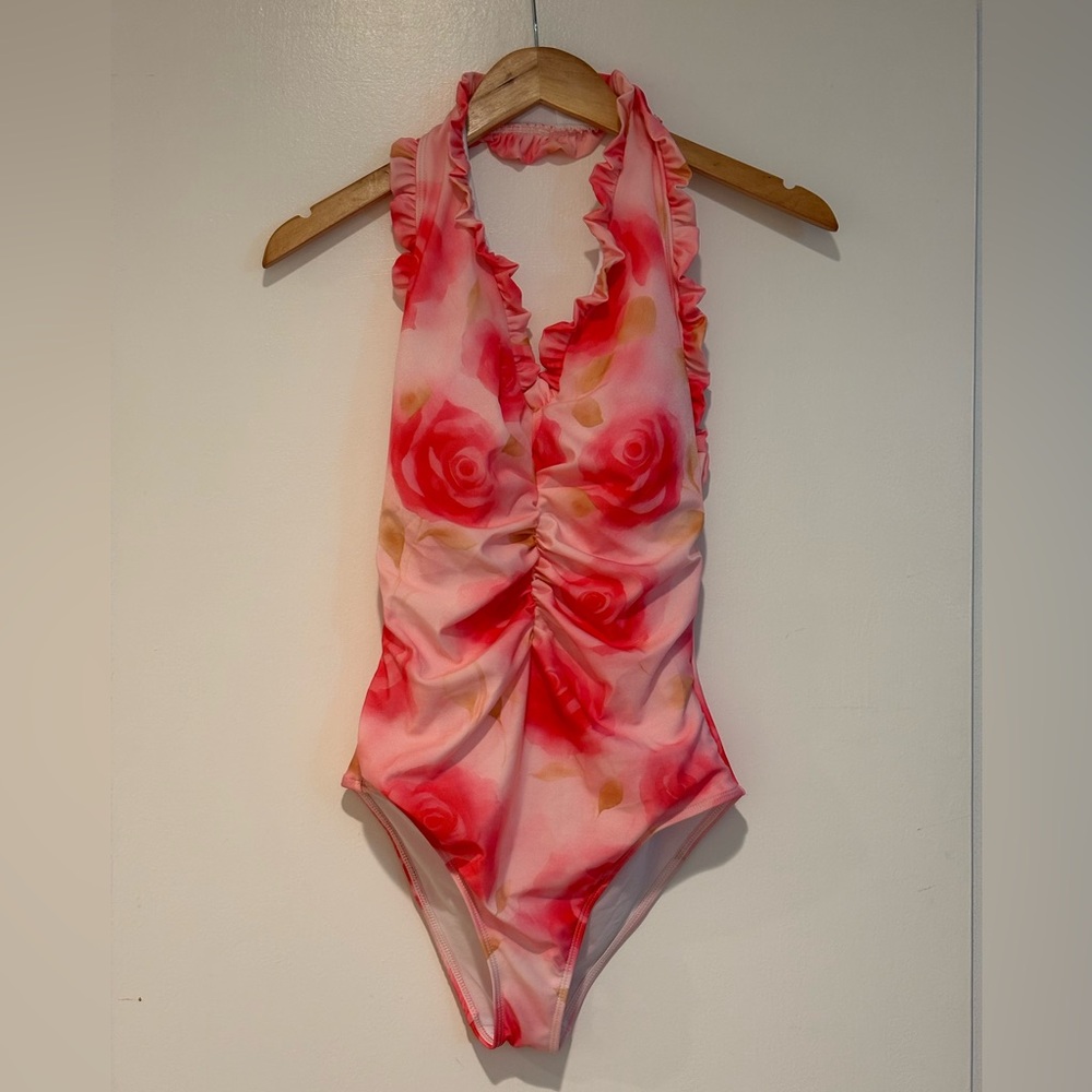 The Chic Hero Pink Rose Ruffle Swimsuit Set One Piece + Midi Skirt NWT